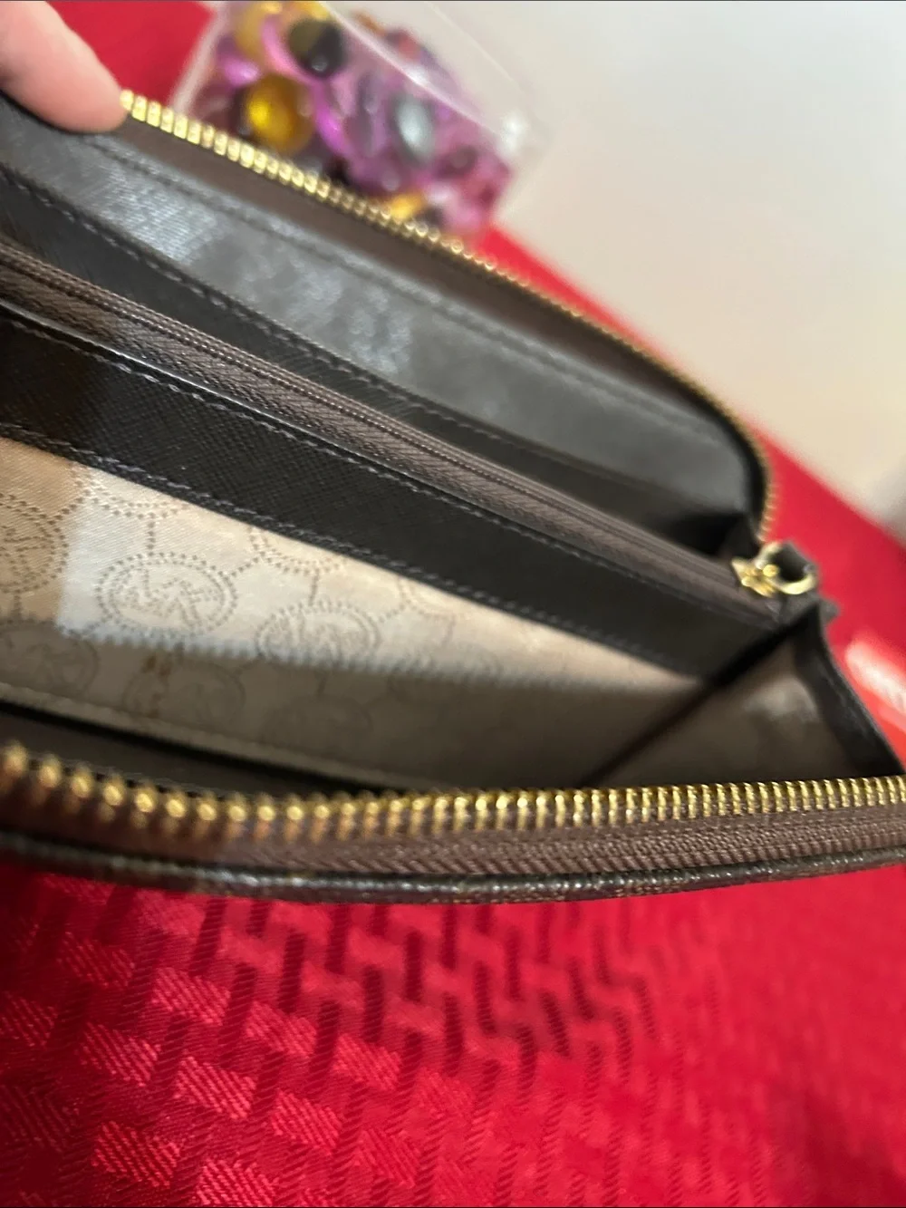 Michael Kors Brown Monogram Zip Wallet with Gold Plaque - Picture 2 of 6